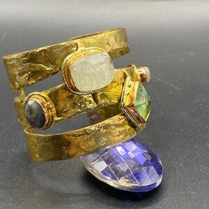 Cuff Bangle Bracelet Natural Gem Stones Gold Tone Brass Bohemian India Chunky